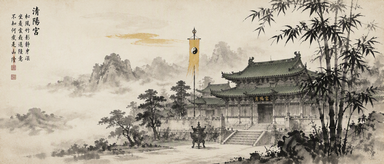 Ink-wash artwork of a Taoist temple among misty mountains and bamboo